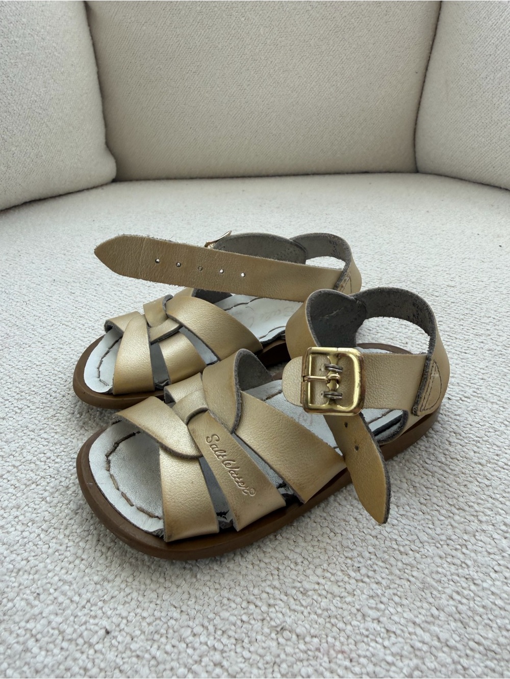 Metallic Gold Kids Leather Buckle Salt Water Sandals